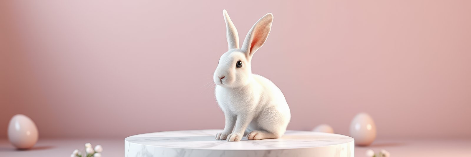 White rabbit sits gracefully on a circular pedestal surrounded by decorative eggs in a soft pastel setting